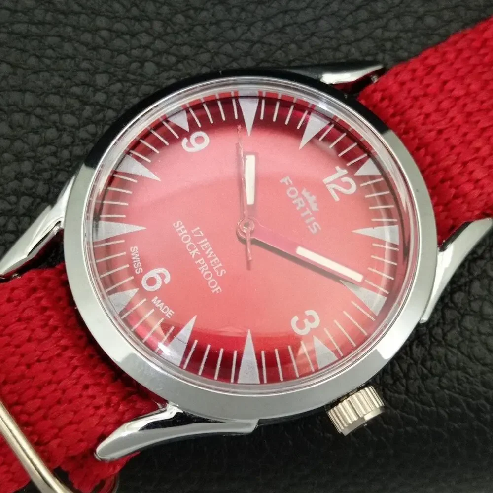 Vintage 1973 Fortis Manual Mens Silver Watch W/Nato Strap & Red accents